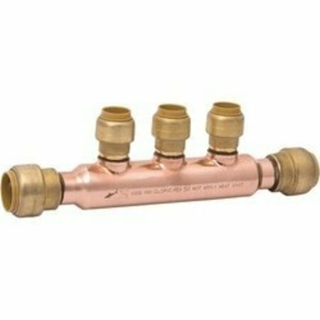 SHARKBITE Open Multi-Port Manifold Tee, 8.35 in OAL, 3/4 in Inlet, 3-Outlet, 1/2 in Outlet, DZR Brass 25552LF